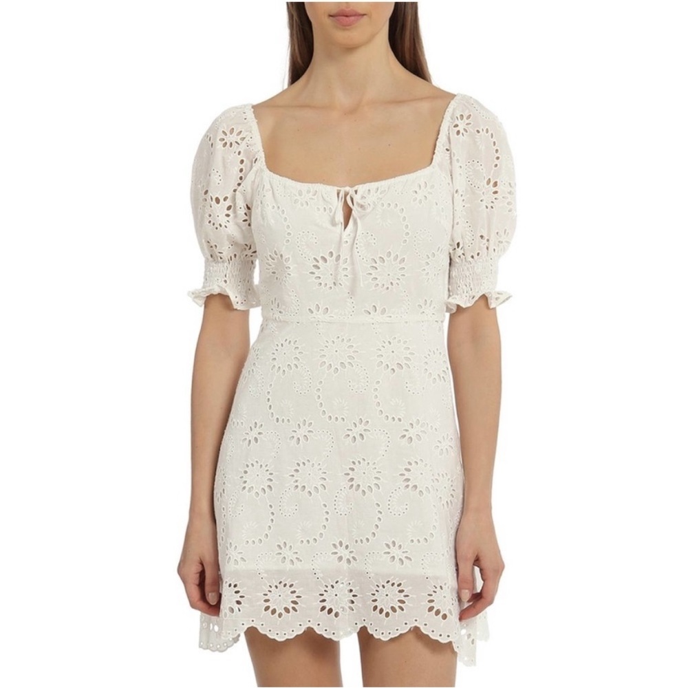 7 For All Mankind White Eyelet Lace Short Puff Sleeve Mini Babydoll Dress Size M